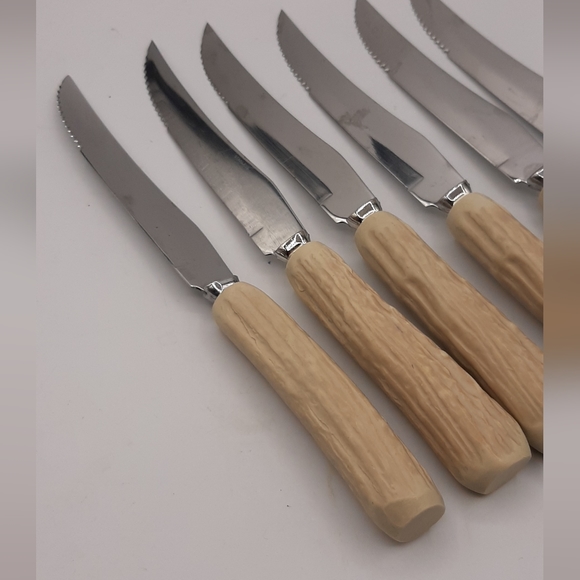 Vintage Cutron Steak Knives Blond Faux Stag Handles Set of 6 - Picture 2 of 4